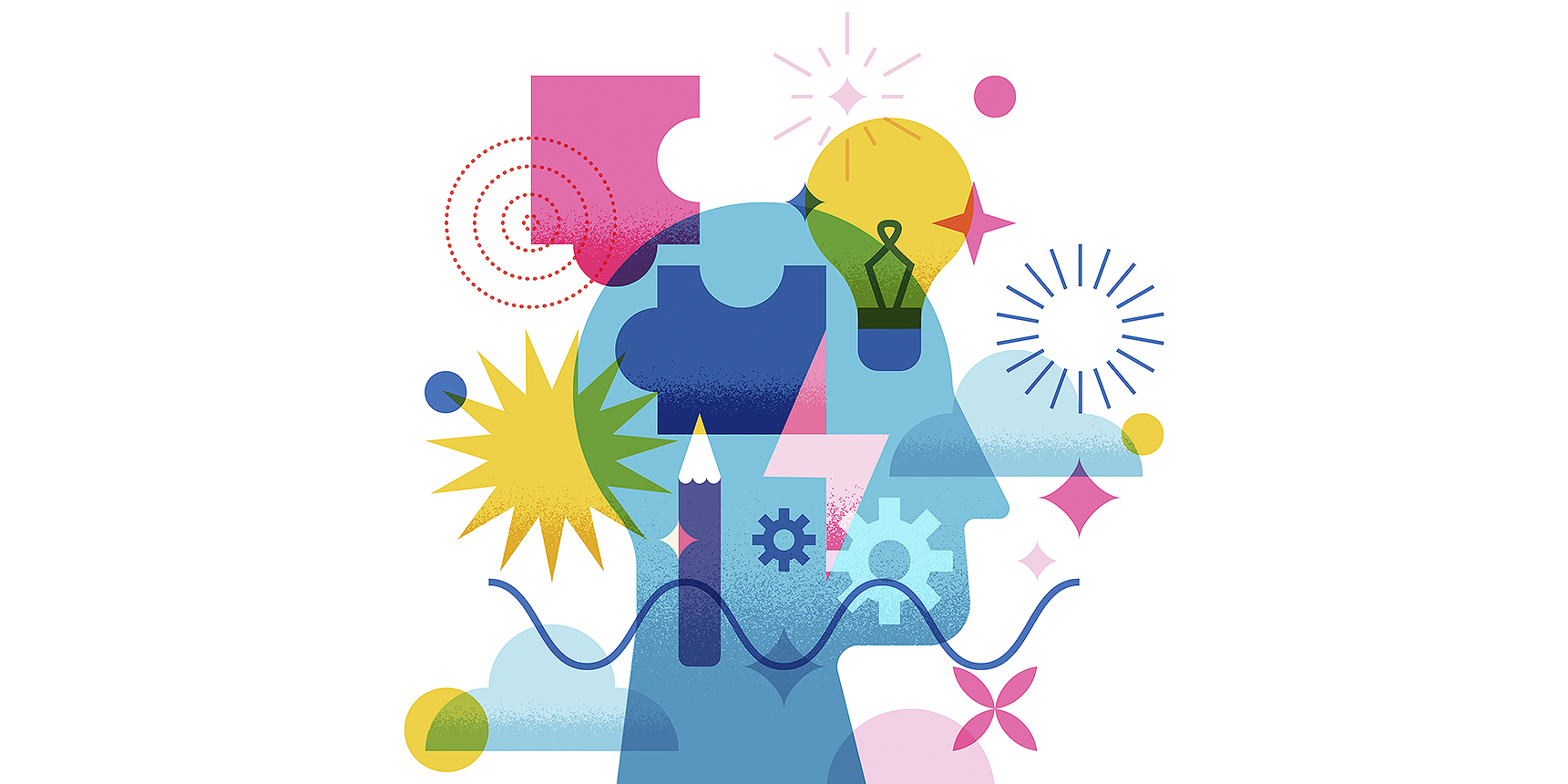 Abstract illustration of a human head silhouette filled with colorful geometric shapes, icons, and symbols (lightbulb, gears, pencil, sun), representing creativity, ideas, and problem-solving.